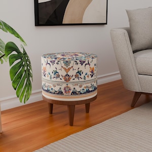 Puf de estilo victoriano, banco otomano redondo, reposapiés versátil, reposapiés elegante, zapatero de pasillo, taburete redondo hecho a mano, silla de maquillaje