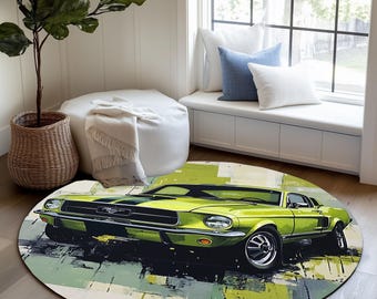 Sport car print rug, Colorful artistic area rug, Stylish round rug, Modern printed rug, Rug for bedroom, Machine washable rug, Playroom rug
