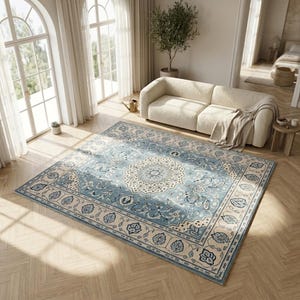 Hellblauer Vintage Oushak Teppich, Rutschfeste Chenille Matte, Boho Waschbarer Teppich, 1028