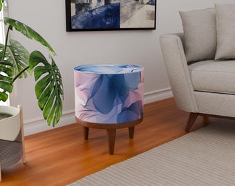 Blue printed bench, Trendy round footrest, Mudroom shoe bench, Make up chair, Housewarming decor, Unique design pouf, Contemporary bench