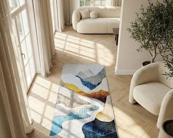 Op maat bedrukt chenille vloerkleed voor de woonkamer, abstract berglandschap, wasbare antislip loper
