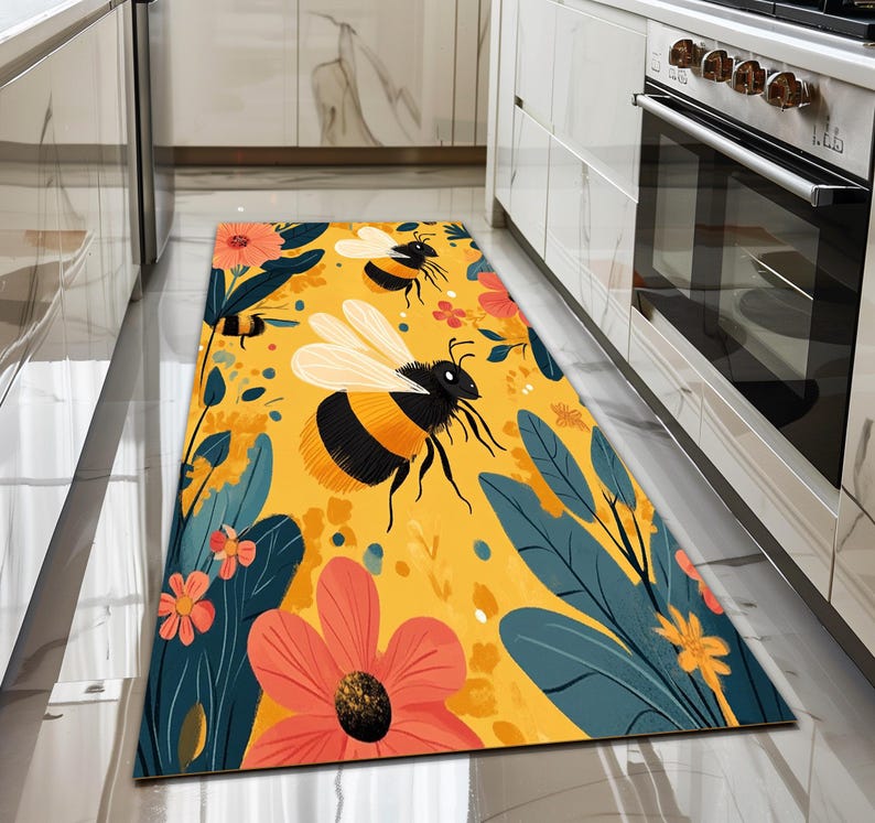 Bee design rug, Floral printed rug, Colorful area rug, Utility rug, Stain resistant rug, Foldable rug, Non slip backside rug, Cozy rug, 191