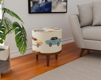 Banco otomano com estampa de carro - Apoio para os pés redondo para quarto ou sala de jogos