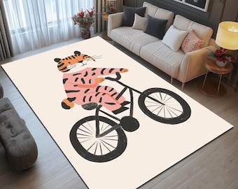 Rug with bicycle, Cat print rug, Outdoor rug, Balcony rug, Holiday gift rug, Front door rug, Stain resistant rug, Synthetic back rug, 586