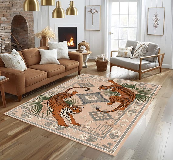 Exotic Tiger Figure Rug, Washable Mat, Non Slip Maximalist