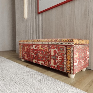 Crimson Tribal Motif Storage Bench | Hallway Shoe Organizer | Nomadic Footstool