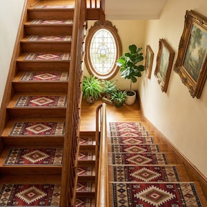 Red Aztec Kilim Stair Mats, Rustic Style Non-Slip Washable, 930