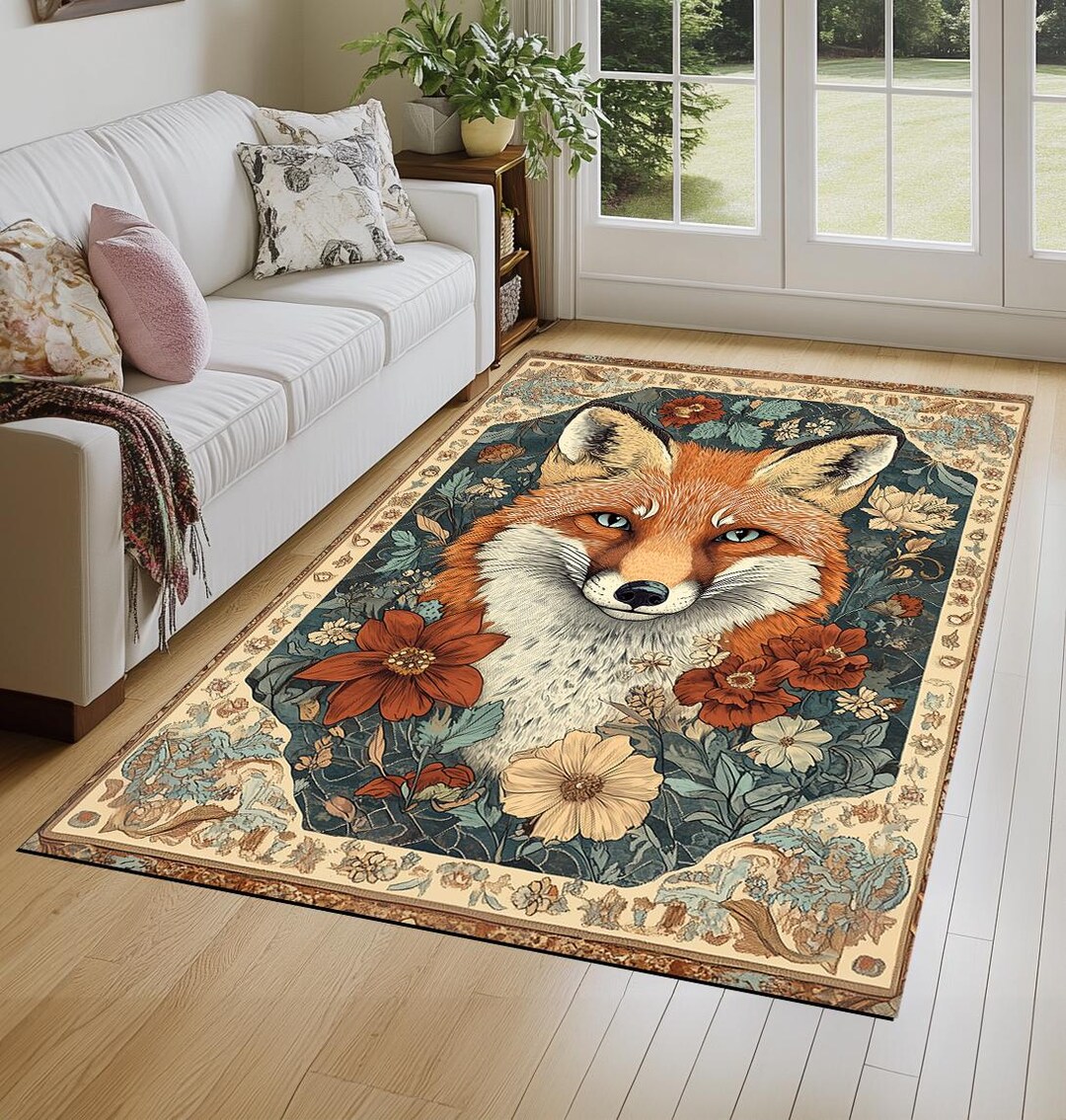 Texture Fox Hunt Rug Bohemian Fox Rug, Nature Inspired Artwork Rug, Unique Floor Covering ...