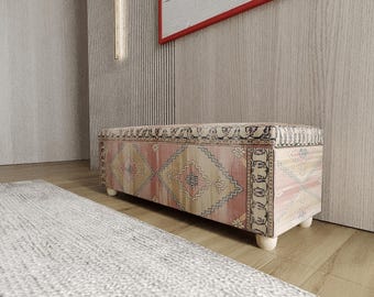 Pastel Pink Storage Bench | Tribal Accent Footstool | Entryway Shoe Organizer