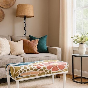 Ottoman Bench: Tall Rustic Style - Pastel Floral Upholstery 378