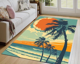 Coastal design rug, Sun and sea print rug, Utility rug, Sustainable rug, Bedsize rug, Easy to care rug, Non skid rug, Durable rug, 82