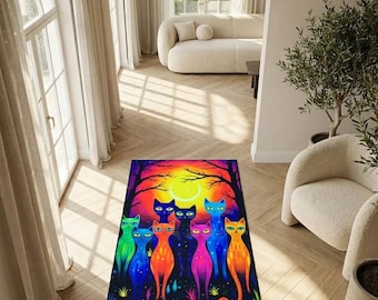 Colorful Cat Runner Rug, Washable Non Slip Hallway Rug, Vibrant Animal Print Area Rug for Living Room Bedroom