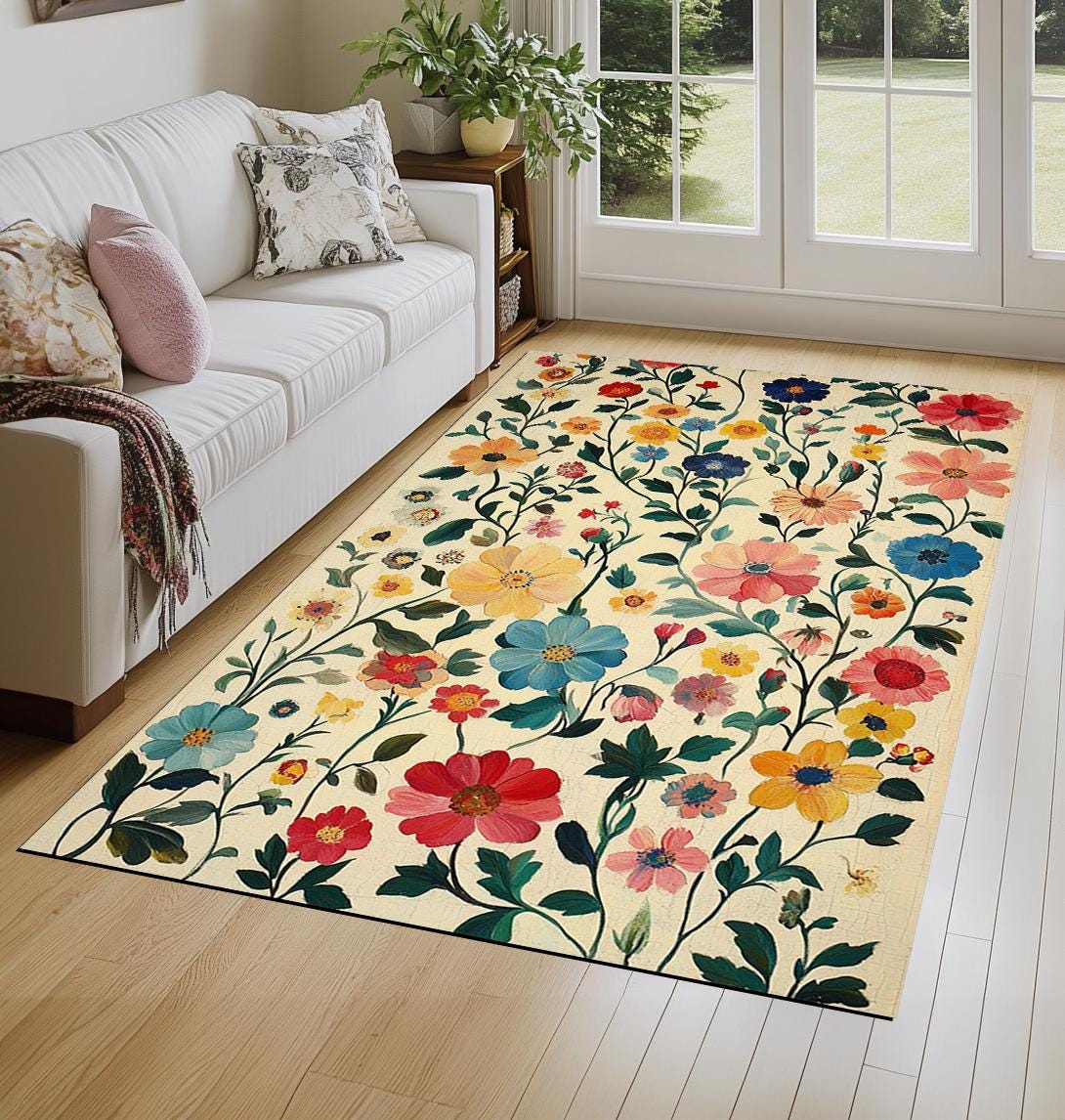 Flower print area rug, Modern runner rug, Rug for corridor, Bedside rug, Washable rug, Non-skid rug, Cute color rug, Housewarming gift 11