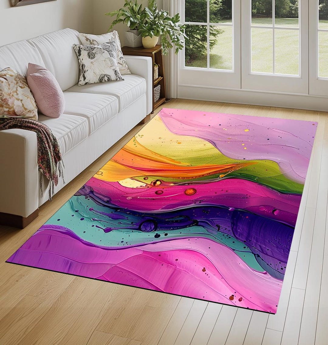 Colorful Rug Sticker Modern Artwork Rug, Colorful Printed Rug, Sustainable Rug, Low Pile Rug ...