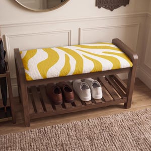Retro Mustard Shoe Rack Bench | Vestibule Entrance Stool | Coastal Wood Organizer