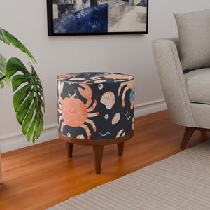 Crab print bench, Gothic footstool, Ocean theme pouf, Ottoman footrest, Round desk chair, Poufy footstool, Interior decor, New house gift