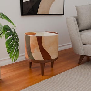Poggiapiedi beige, pouf di tendenza, panca da finestra, poggiapiedi eclettico, panca rotonda in legno, supporto per panca, pouf in legno massello, poggiapiedi elegante