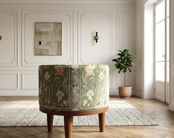 Sage green pouf, Bench with flower, Luxury seating, Wood bench indoor, Decorative stool, Soft touch seating, Custom size bench, Gift for mom