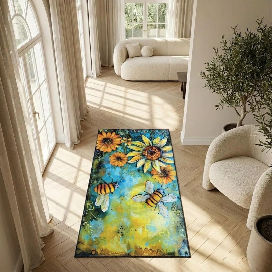 Bee Pattern Rug, Floral Rug, Farmhouse Rug, Greenery Rug, Custom Sizes ...