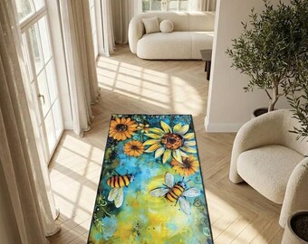 Bee pattern rug, Floral rug, Farmhouse rug, Greenery rug, Custom sizes rug, Washable rug, Large rug, Balcony decor rug, Anti slip rug, 389
