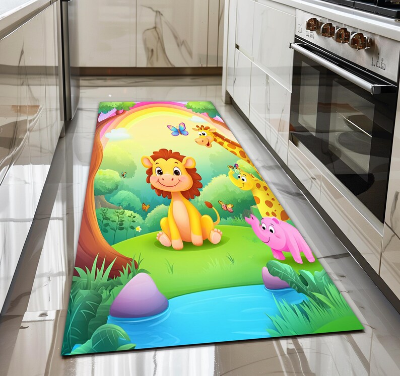 Forest print rug, Rug with wild animals, Rainbow rug, Summer rug, Washable rug, Non slip backside rug, Cute rug, Play room rug, 145