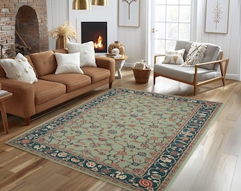 Sage Green Floral Rug, Non Slip Turkish Traditional Mat, Washable Chenille Vintage Style Carpet, 912
