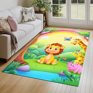 Forest print rug, Rug with wild animals, Rainbow rug, Summer rug, Washable rug, Non slip backside rug, Cute rug, Play room rug, 145