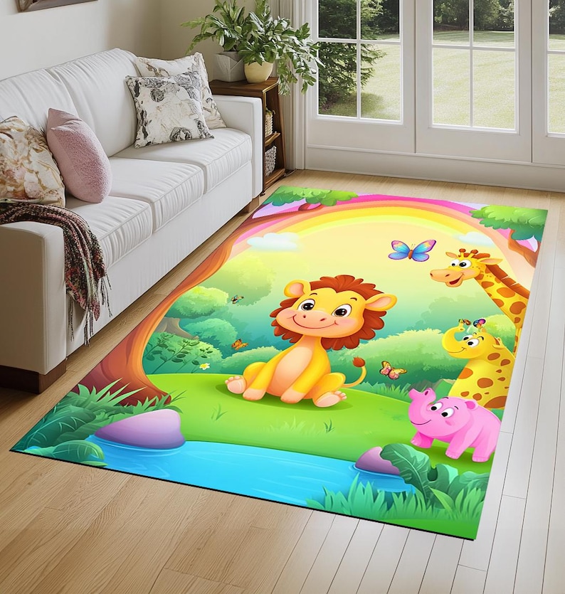 Forest print rug, Rug with wild animals, Rainbow rug, Summer rug, Washable rug, Non slip backside rug, Cute rug, Play room rug, 145