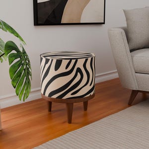 Pouf con motivo zebrato fatto a mano / Pouf rotondo da soggiorno / Panca minimalista nera e crema