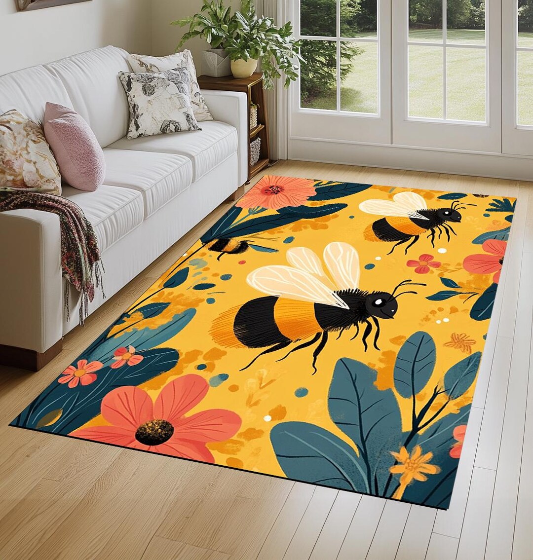 Bee Design Rug, Floral Printed Rug, Colorful Area Rug, Utility Rug ...