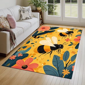 Bee design rug, Floral printed rug, Colorful area rug, Utility rug, Stain resistant rug, Foldable rug, Non slip backside rug, Cozy rug, 191