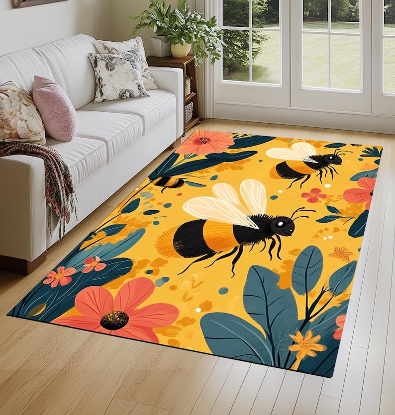Bee design rug, Floral printed rug, Colorful area rug, Utility rug, Stain resistant rug, Foldable rug, Non slip backside rug, Cozy rug, 191