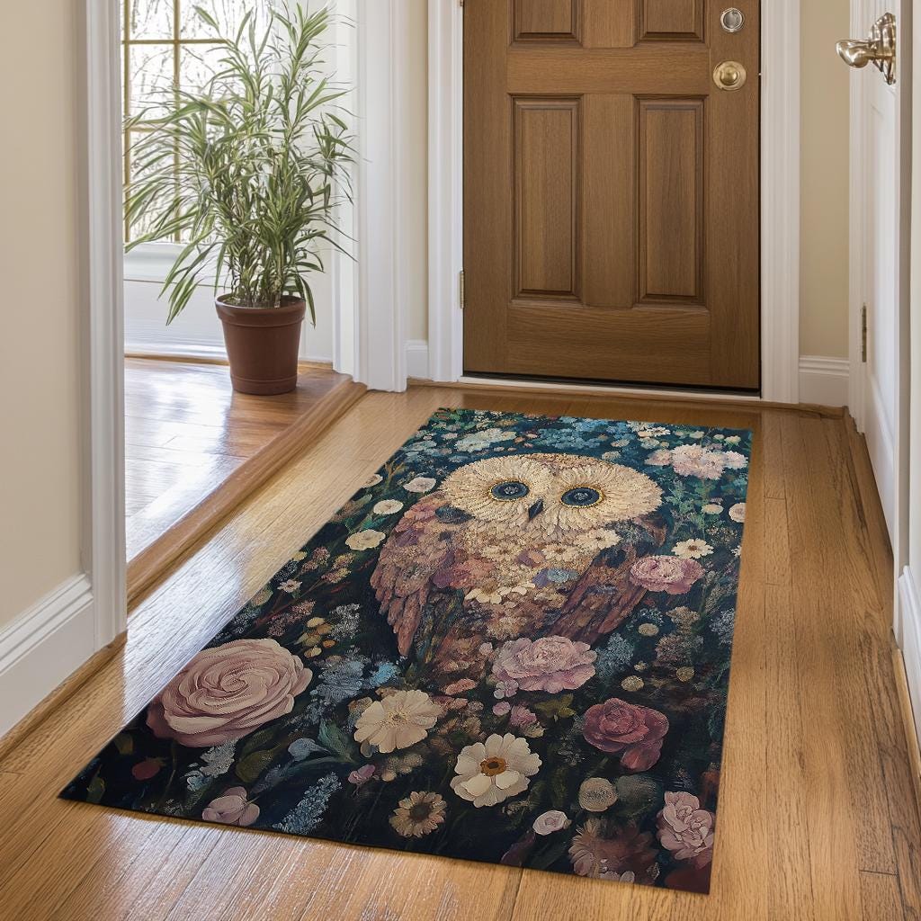 Owl print rug, Botanical rug, Gothic rug, Vanity rug, Floor covering rug, Rug for indoor, Under tabl