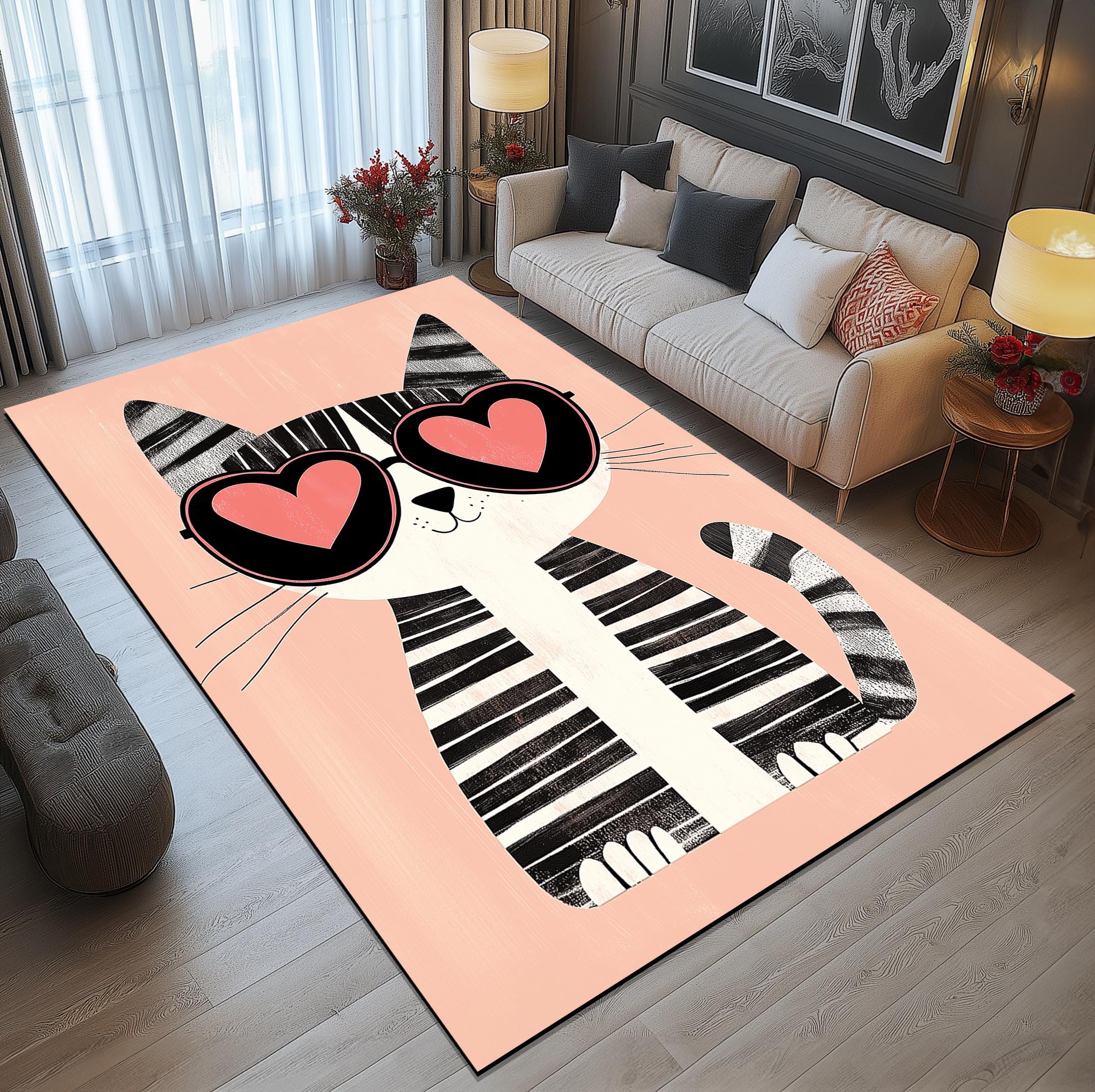 ユーティリティラグ、ギャラリーラグ、装飾ラグ、猫柄ラグ、動物愛好家