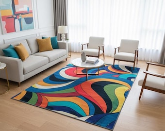 Op maat bedrukt chenille vloerkleed met veelkleurige wervelingen, wasbaar en antislip.