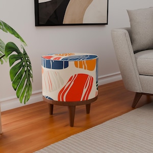 Elegant round bench, Bench with colorful cushion, Cozy bedroom bench, Utility bench, Soft textured bench, Handmade wooden bench, Entry bench