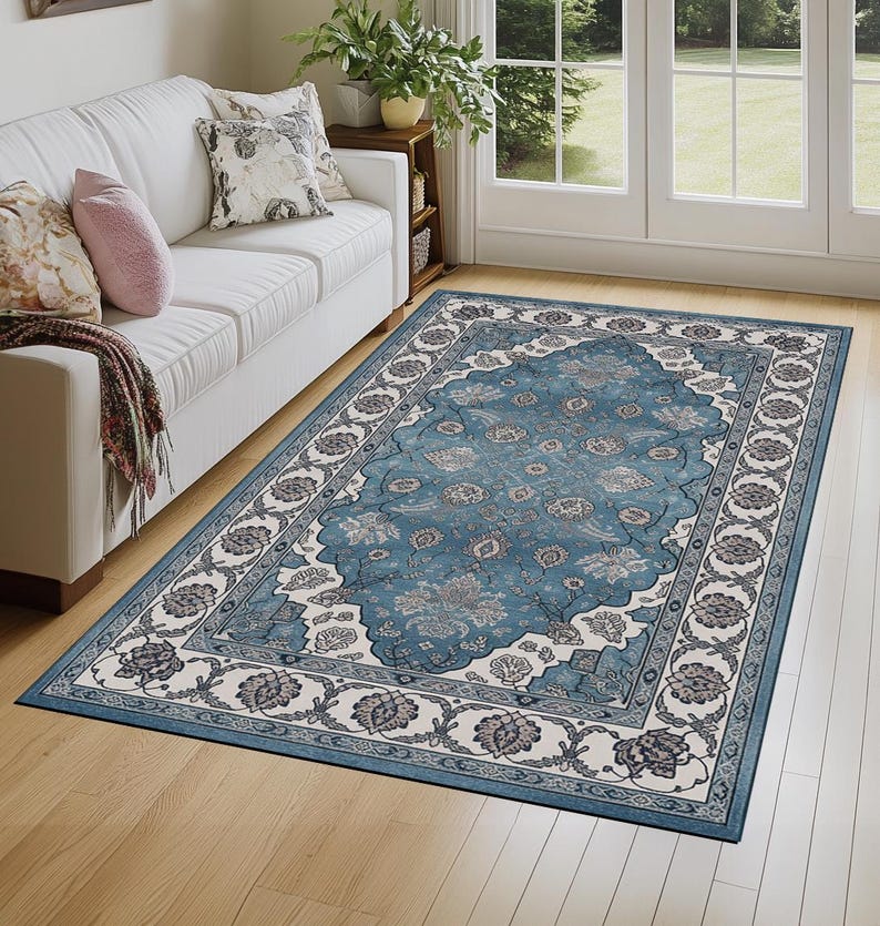 Mediterranean Blue Print Rug, Boho Moroccan Rug, Eco Friendly Rug, Low ...