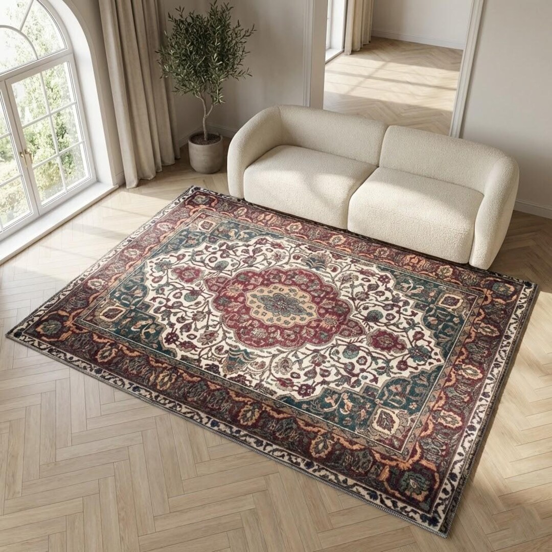 Red Rug Under Mat Red Cream Rug, Traditional Floral Non Slip Carpet, Washable Area Mat ...