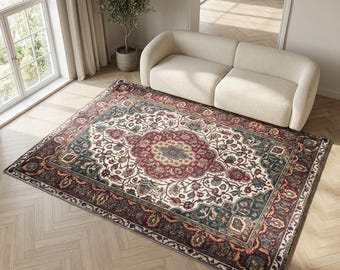 Red Cream Rug, Traditional Floral Non Slip Carpet, Washable Area Mat, 958
