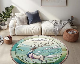 Modern artwork rug, Deer pattern rug, Round shape rug, Elegance rug, Sustainable rug, Non-slip backing rug, Machine washable rug, Cozy rug