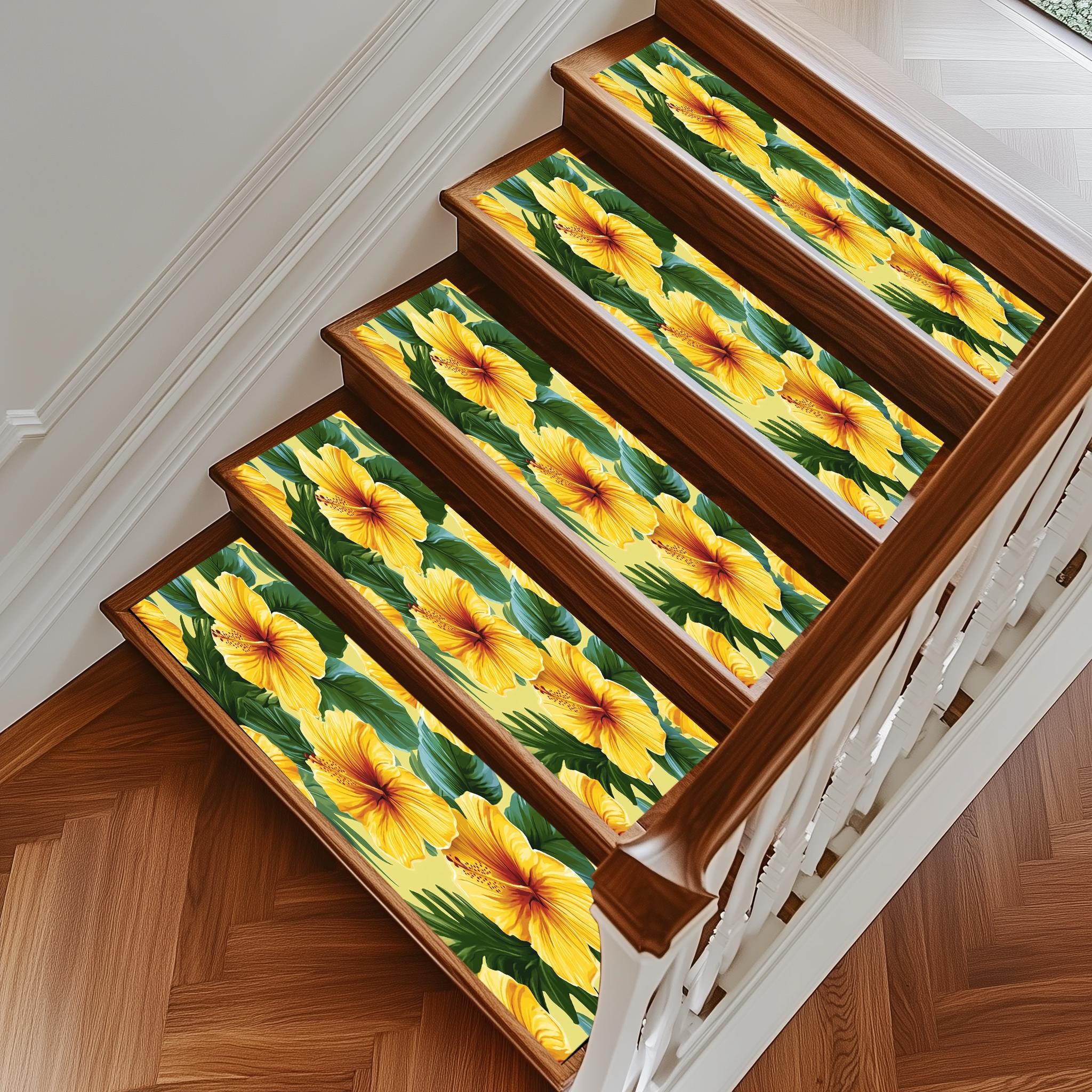 階段マットセット 花柄 3色 10枚セット 折り曲げ付階段マット(15枚