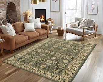 Sage Green Floral Rug, Non Slip Elegant Farmhouse Carpet, Washable Dark Moody Mat, 945