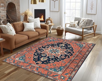Orange Navy Blue Medallion Rug, Non Slip Chenille Mat, Washable Carpet, 1040