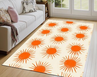 Sun patterned rug, Decorative rug, Contemporary rug, Beige and orange printed rug, Soft textured rug, Machine washable rug, Chic rug, 533