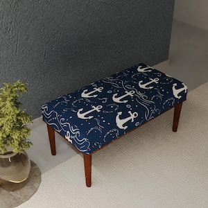 Unique anchor pattern entryway bench, Marine theme seating bench, Custom sizes bench, Ottoman organizer, Modern bedroom bench, 633
