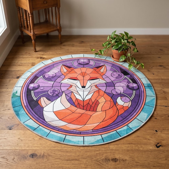 Teppich mit Fuchsmuster – Orange-Lila, geometrisch | Runder Flurteppich | Rutschfest, waschbar