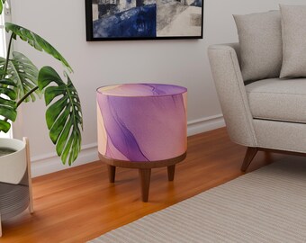 Banco otomano morado: taburete redondo estilo bohemio con patas de madera.
