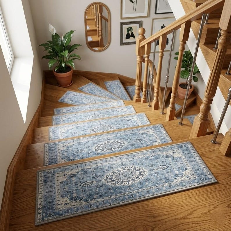 a staircase with a blue and white patterned rug on the wooden steps, leading up to a wooden railing. The staircase is surrounded by various framed pictures and plants, creating a cozy and inviting atmosphere.