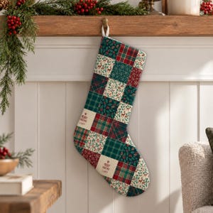 Evergreen Quilt Patchwork Holiday Stocking | Double Sided Christmas Mantel Decor
