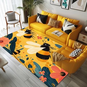 Bee design rug, Floral printed rug, Colorful area rug, Utility rug, Stain resistant rug, Foldable rug, Non slip backside rug, Cozy rug, 191
